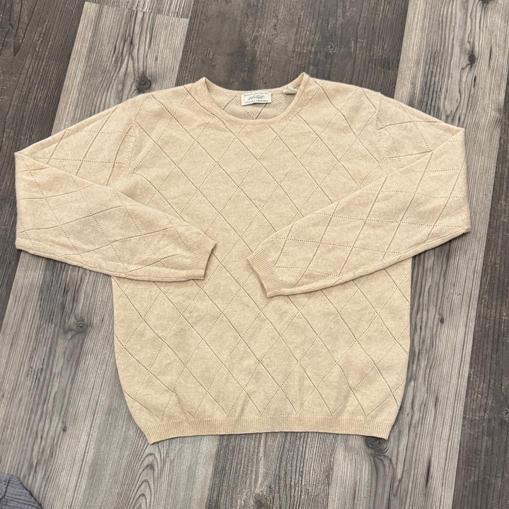 Lord and Taylor Argyle Knit Cashmere Ivory Scoopneck  Sweater Medium